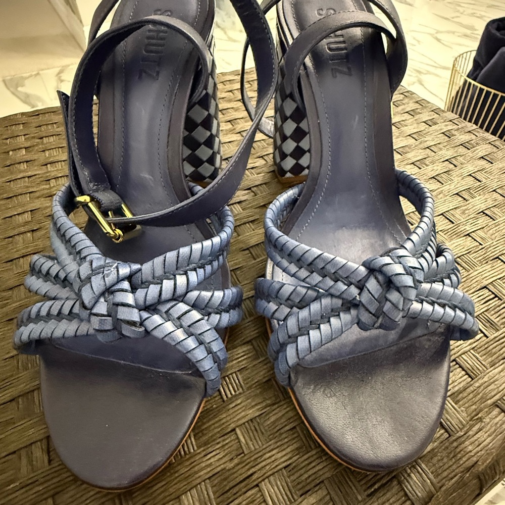 SCHUTZ Blue Braided Heels with Checkered Block - Picture 3 of 5